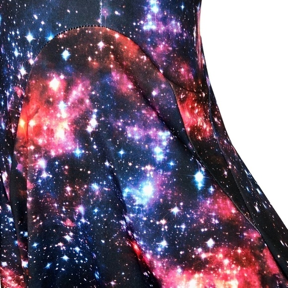 Hot Topic space dress cold shoulder fit and flare skater printed poly spandex S - Picture 6 of 9